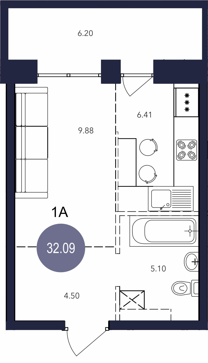 1-комнатная квартира 32,09 м²